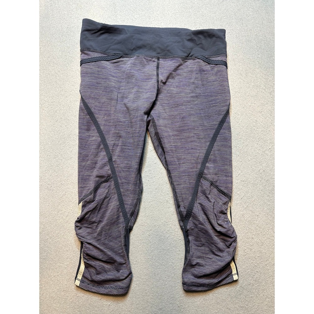 Lululemon Run Inspire Crop II Purple Grey Striped Leggings Size 6 Zip Pocket-107